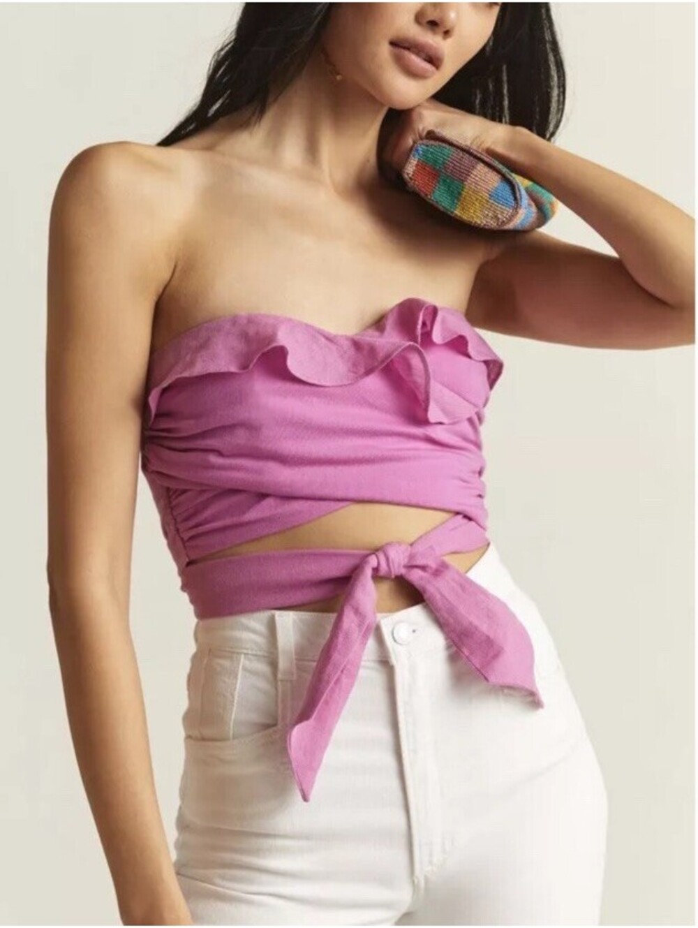 Anthropologie Ruffled Tie-Front Tube Top SIZE M Pink Optional Straps